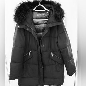 Calvin Klein Black Puffer Coat with Faux Fur Trim